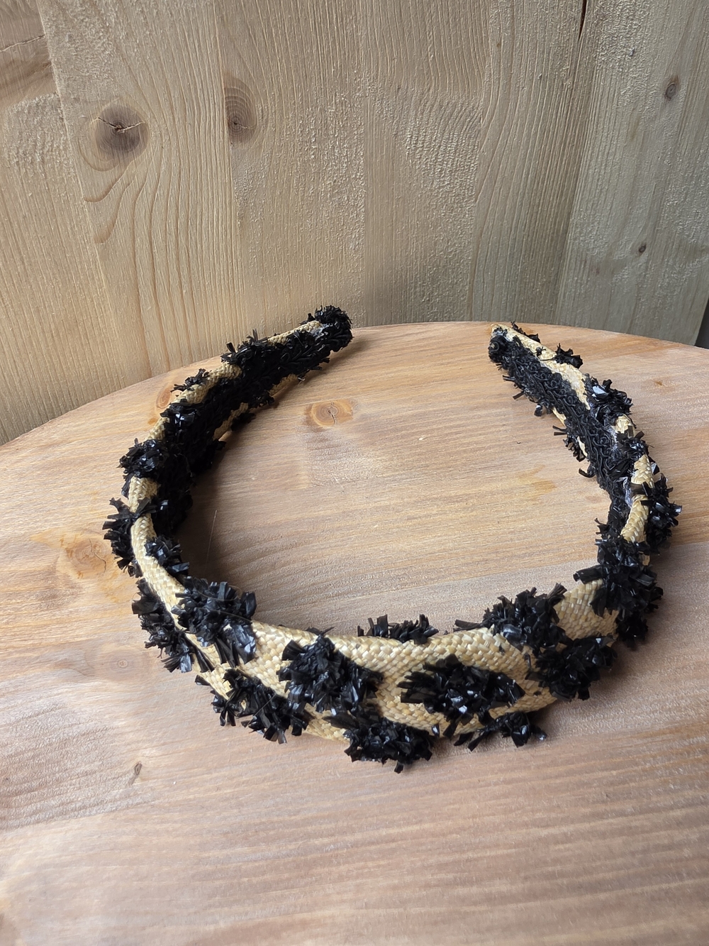 Woven Straw Headband with Black Textured Accents - Women Accessories